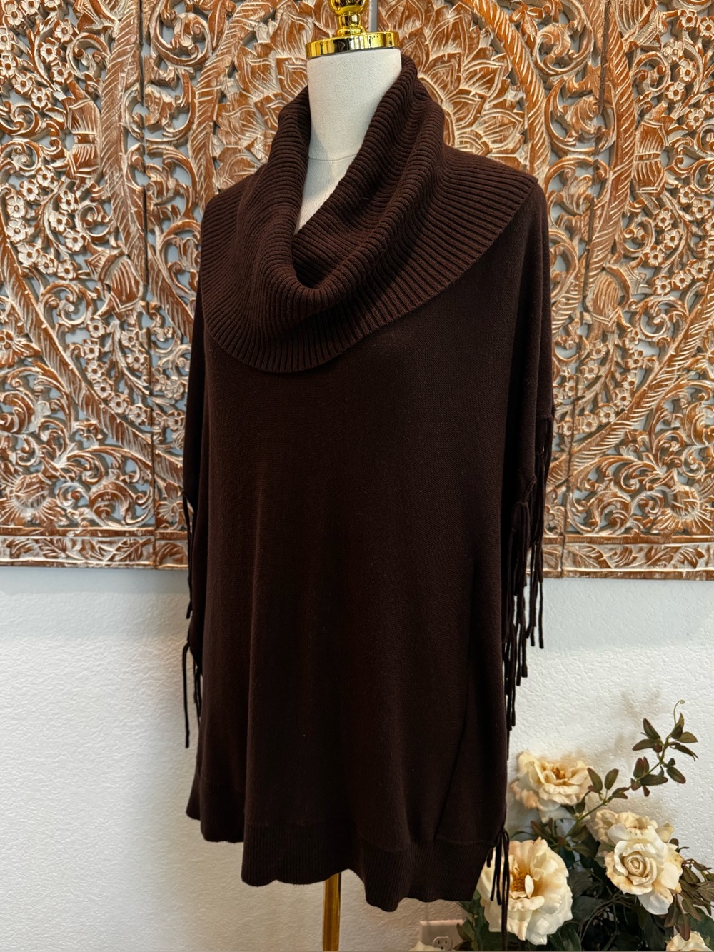 Michael Kors Brown Cowl-Neck Fringe Poncho, Soft Cozy - Picture 5 of 15
